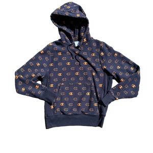 Champion Hoodie Size Small Reverse Weave Navy Orange Logo